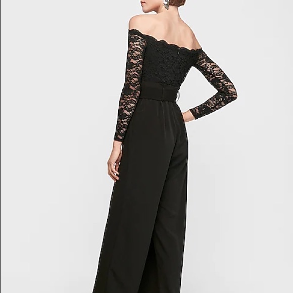 Express Lace Off The Shoulder Paperbag Slit Leg Jumpsuit - Picture 2 of 7